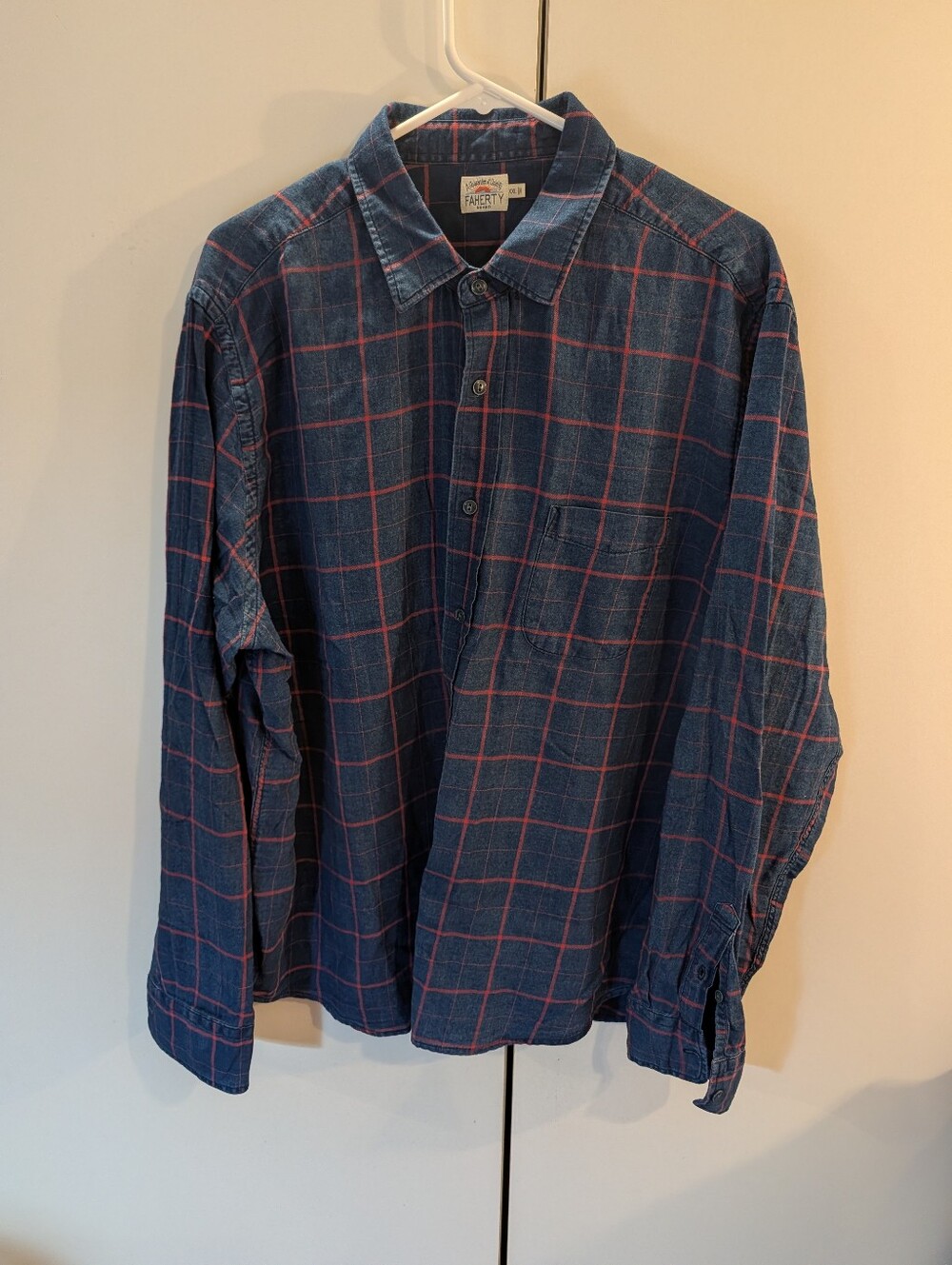 Faherty Blue Button-Down Shirt with Red Windowpane Plaid